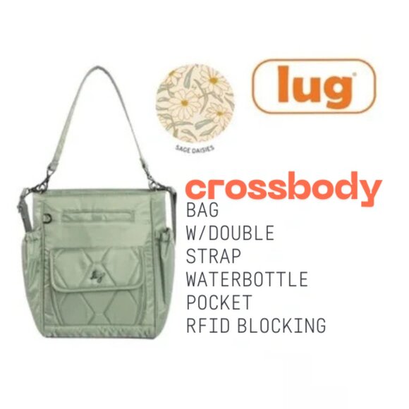 Lug Toss Crossbody Bag NWT Sage Green Nylon Two Straps Water-Bottle Pocket RFID - Picture 1 of 9